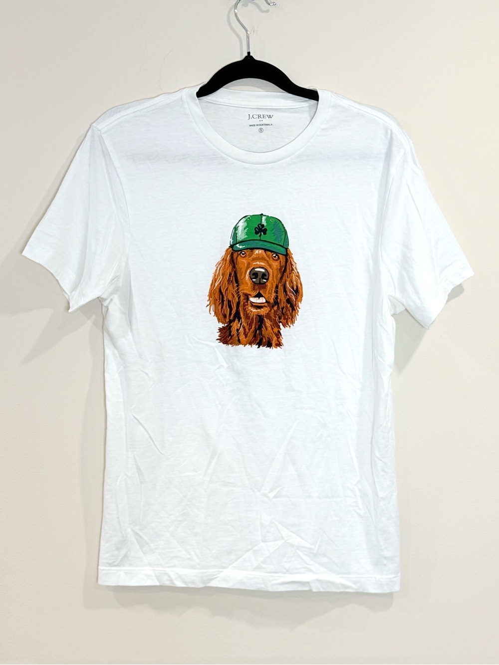 🔥J. Crew White T-Shirt with Irish Setter Dog Graphic in Green Size S EC🔥